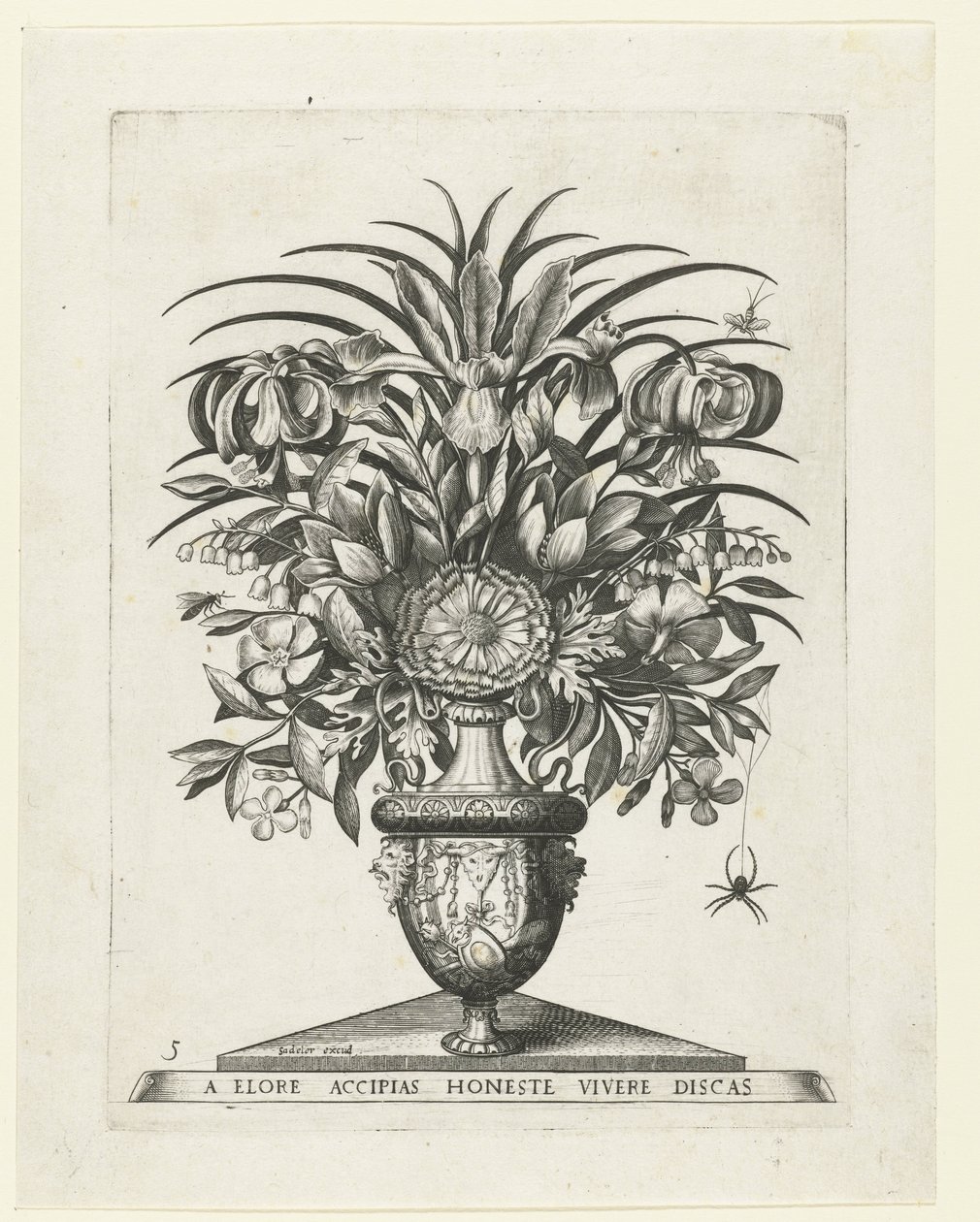 Vaso grotesco com dois mascarons de cada lado de um bukranion Vasos com flores (título da série) de Anonymous