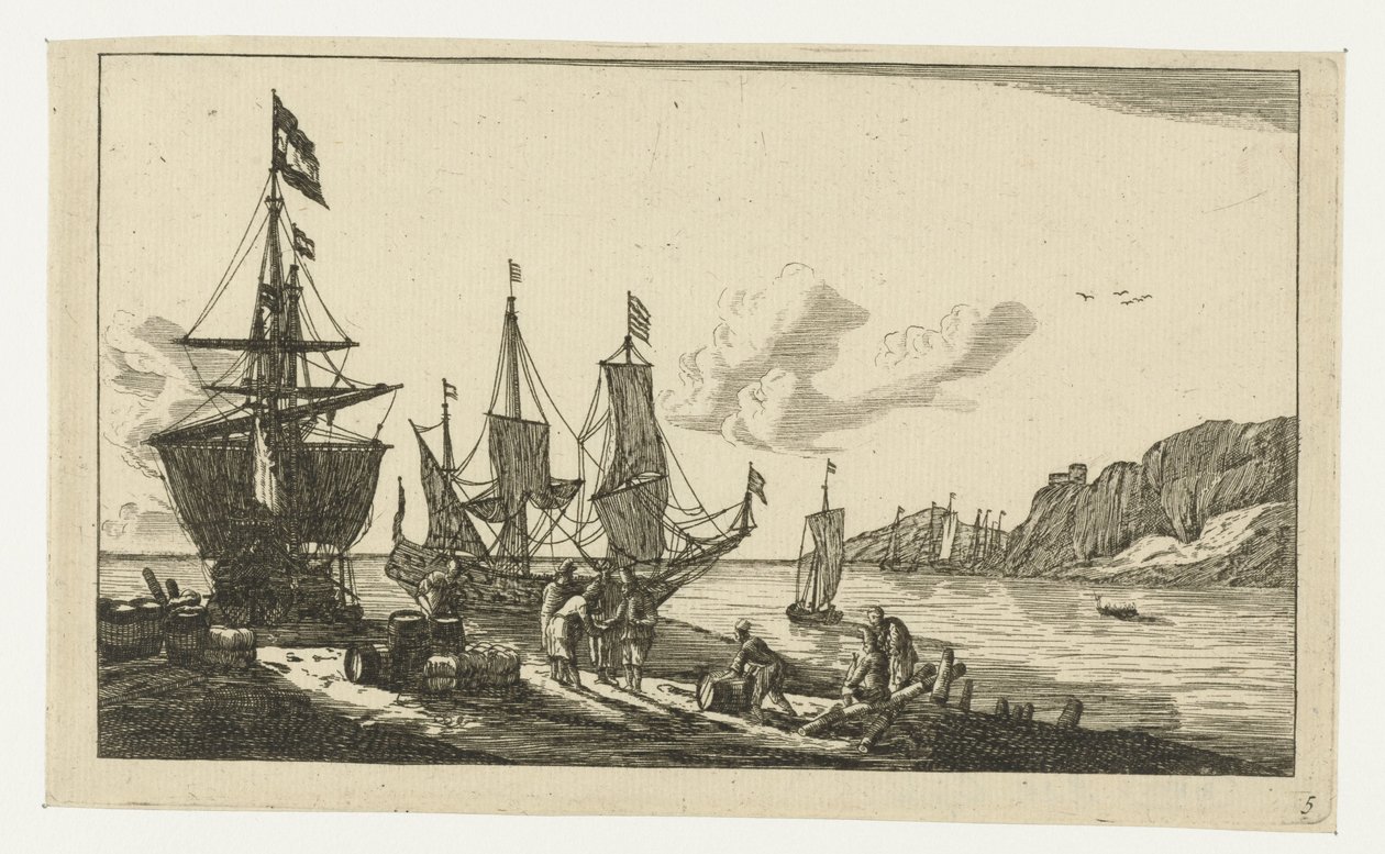 Porto com veleiros e marinheiros no cais de Anonymous