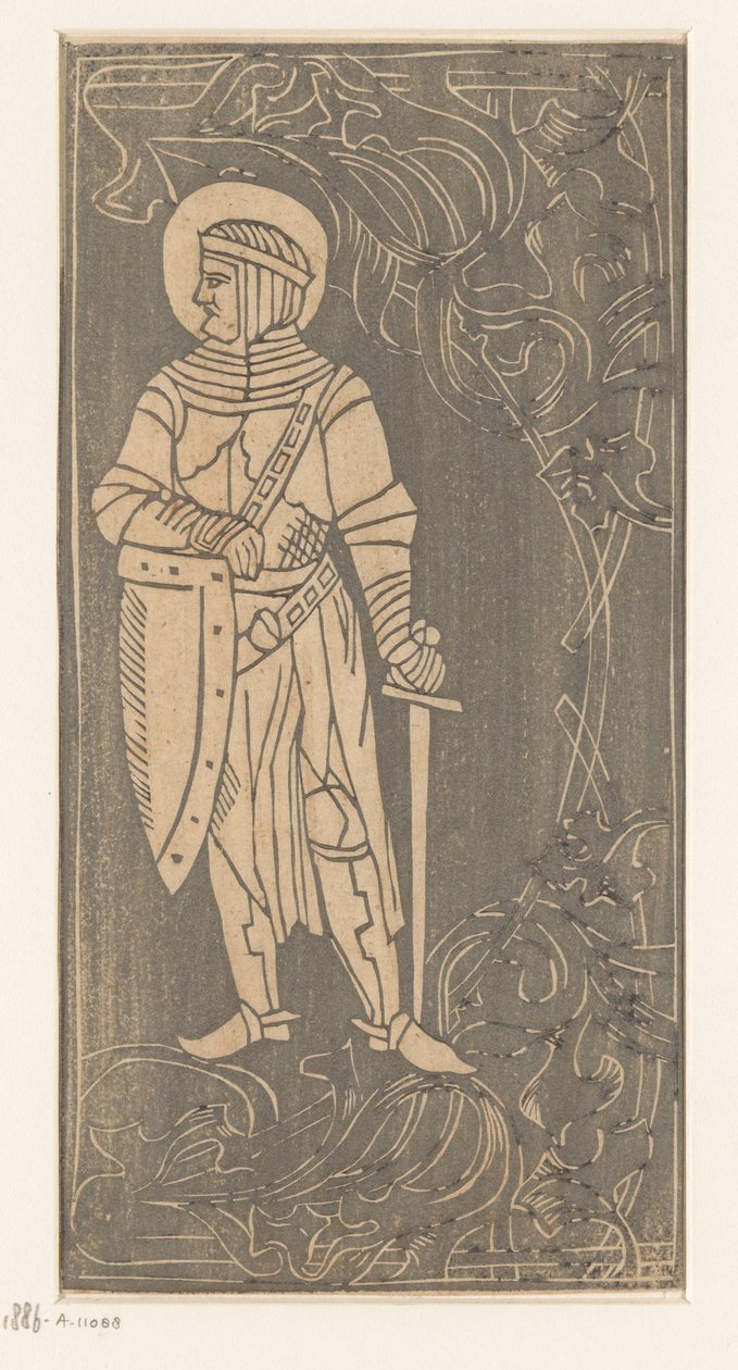 Santo em trajes de guerreiro Xilogravuras de estilo medieval (título da série) de Anonymous