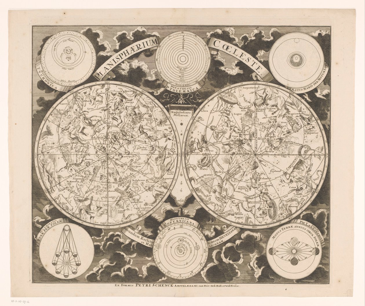 Mapa do céu mostrando as constelações norte e sul
Planisphaerium coeleste (título sobre o objecto) de Anonymous