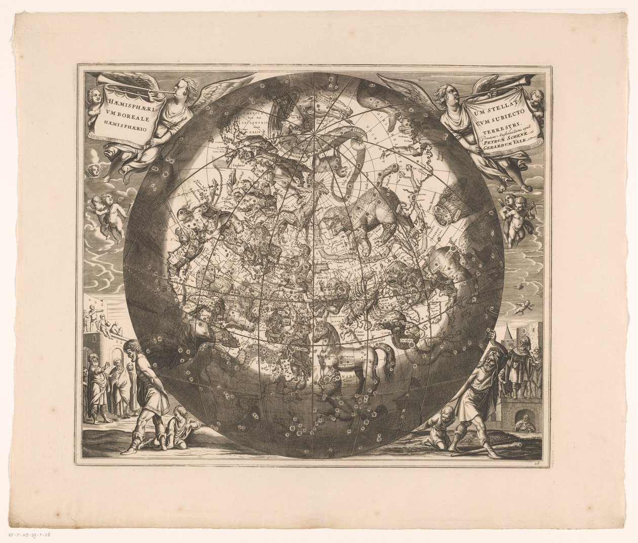 Mapa do céu com as constelações do norte Haemisphaerium stellatum boreale cum subiecto haemisphaerio terrestri (título no objeto) de Anonymous