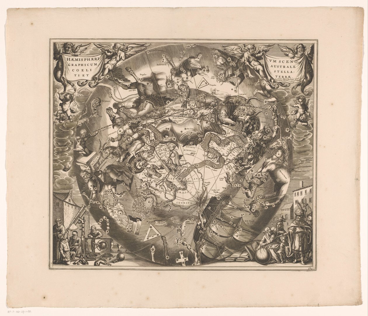 Mapa do céu com as constelações do sul Haemisphaerium scenographicum australe coeli stellati et terrae (título no objeto) de Anonymous