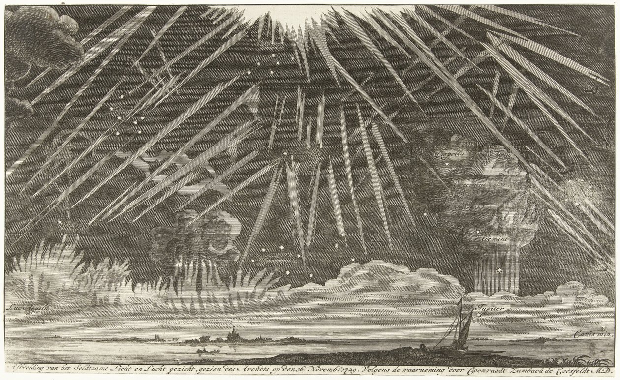 Fenómenos celestiais, 1729
Ilustração da visão de Seldtzame Light and Sky, vista à noite em den 16 Novemb: 1729. Segundo a observação de Coenraadt Zumbach de Croesfeldt M.D. (título sobre o objecto) de Anonymous