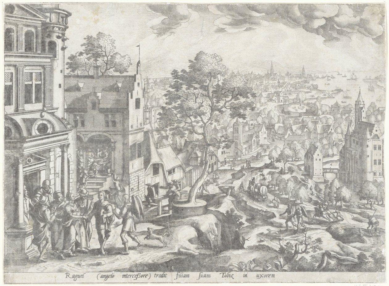 Casamento de Tobias e Sara Paisagens com cenas da história de Tobias (título da série) de Anonymous