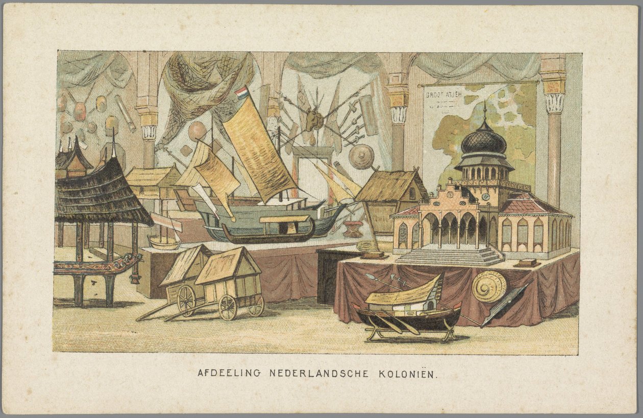 Na construção das colônias holandesas na Exposição Mundial em Amsterdã, 1883 Departamento das Colônias Holandesas (título no objeto) Memória de Amsterdã em 1883 (título da série no objeto) de Anonymous