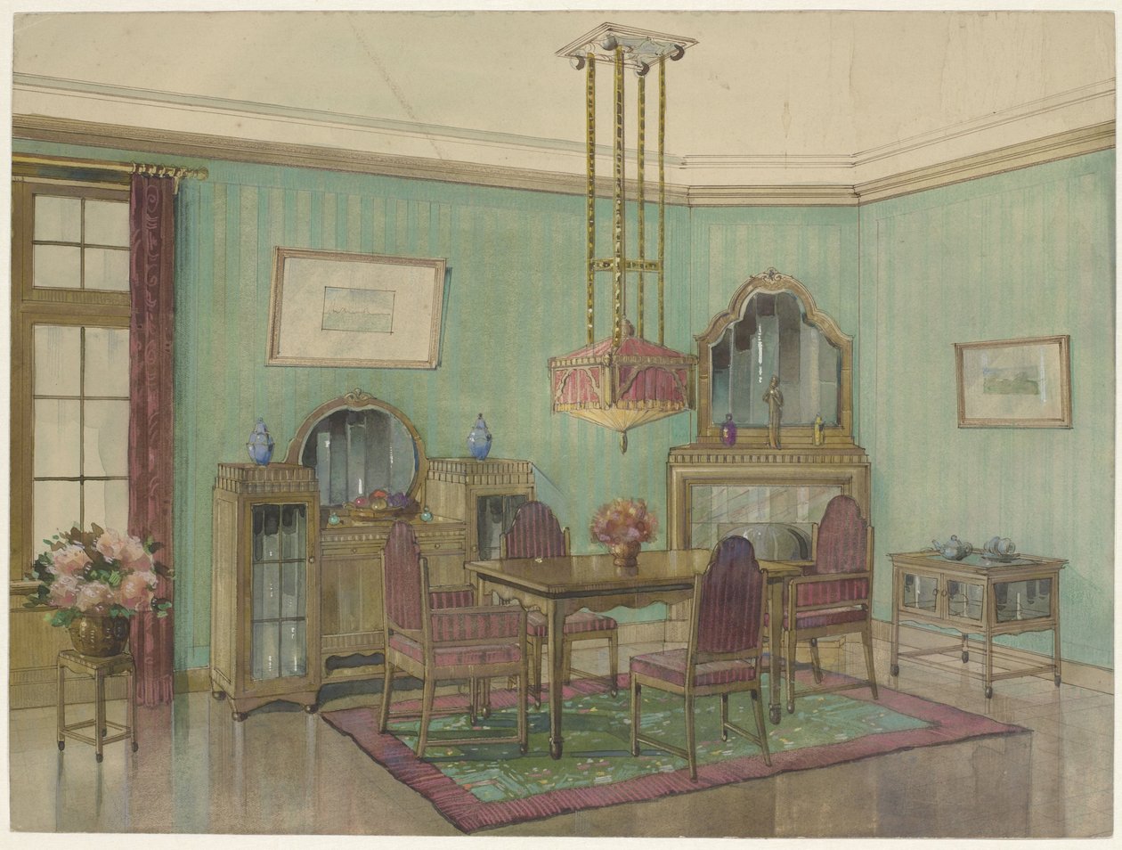 Interior da sala de jantar com chaminé de canto de Anonymous