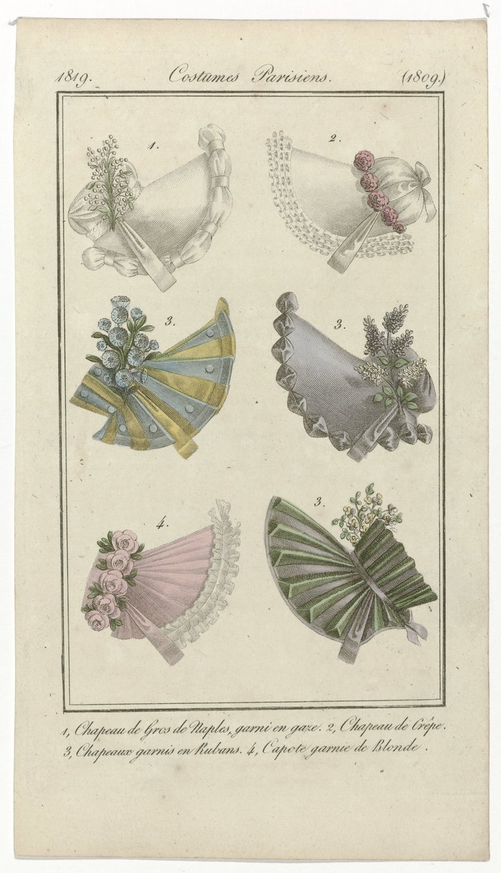 Journal des Dames et des Modes, Costumes Parisiens, 15 de Abril de 1819, (1809): 1, Chapeau de Gros de Nápoles (...) de Anonymous