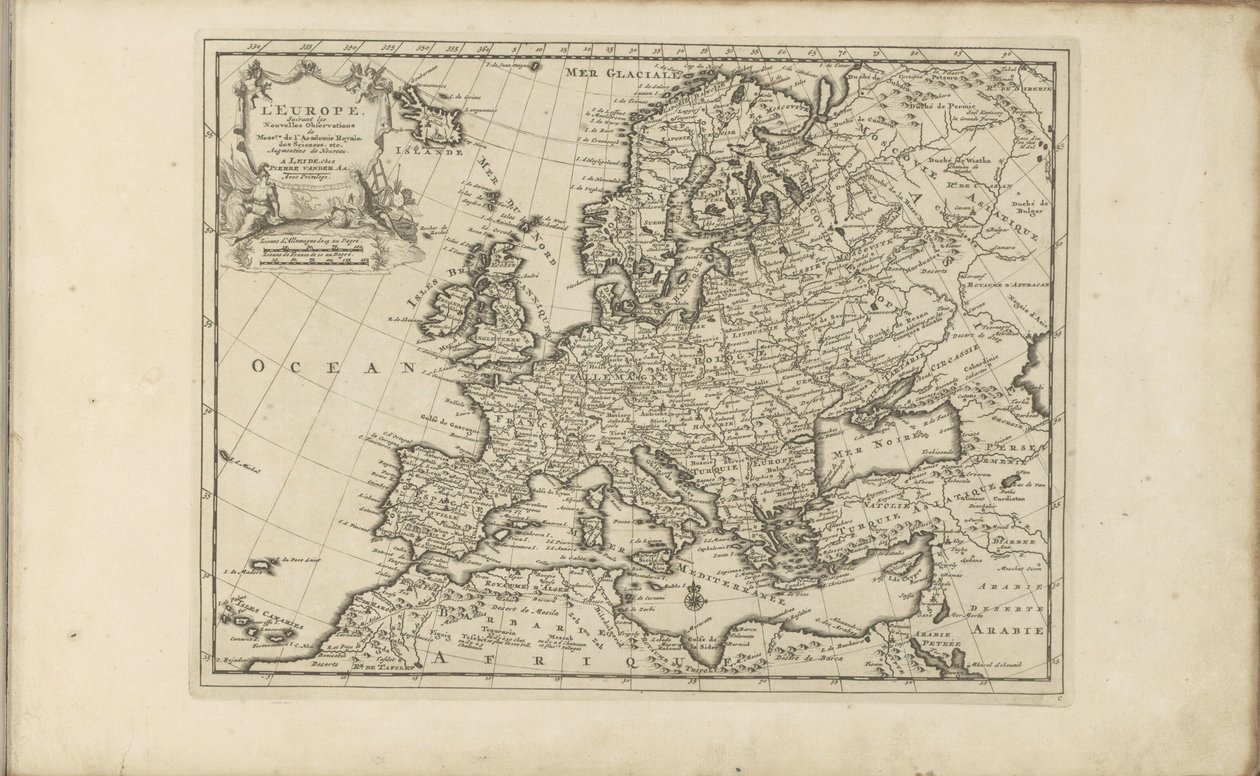 Kaart van Europa Europa de acordo com as novas observações dos senhores [ieu]rs da Royal Academy of Sciences, etc. Augmented New (título no objeto) As Índias Orientais e Ocidentais e Outros Lugares (título da série) de Anonymous