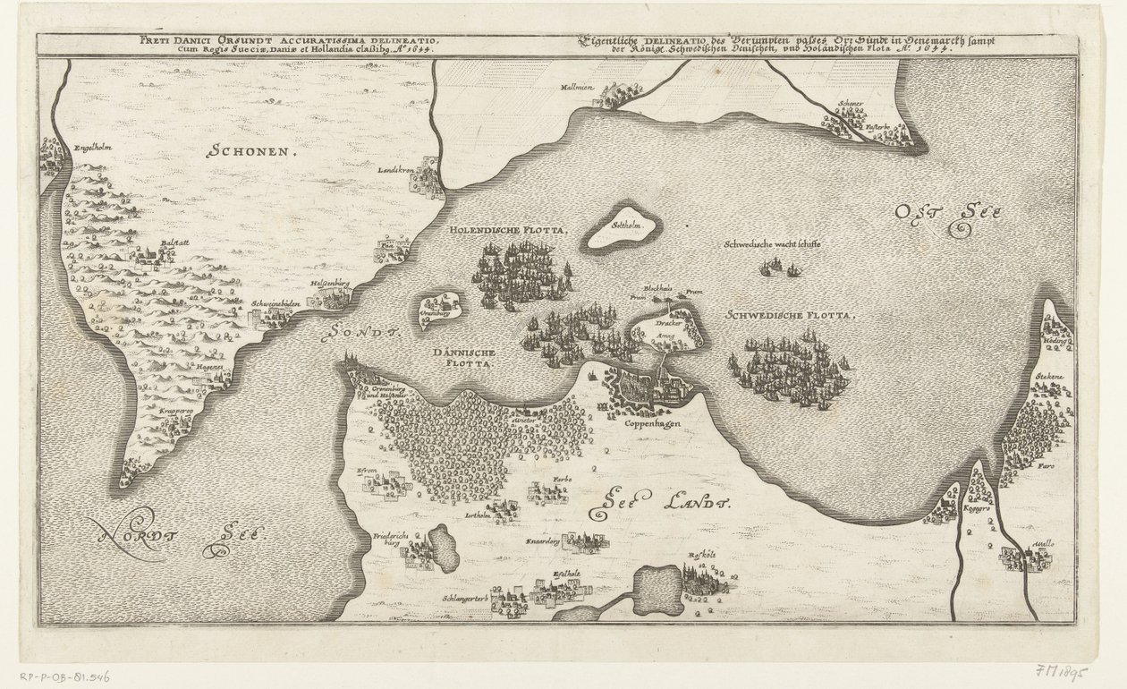 Kaart van de zeeslag tussen de Zweedse en Deense vloten in de Belt, 1644 O gráfico mais preciso do estreito dinamarquês de Orsundt com o rei da Suécia, Dinamarca e Holanda classibg. Ao. 1644 (título no objeto) Eigentliche Delineatio des Berumpten passa Or. de Anonymous