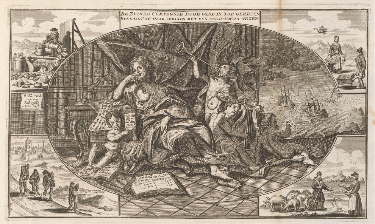 Queixa da Companhia do Mar do Sul, 1720
A Companhia do Mar do Sul criada pelo vento em cima / Lamentando agora a sua perda com uma criatura preocupada (título sobre o objecto)
A grande cena de loucura (título da série) de Anonymous