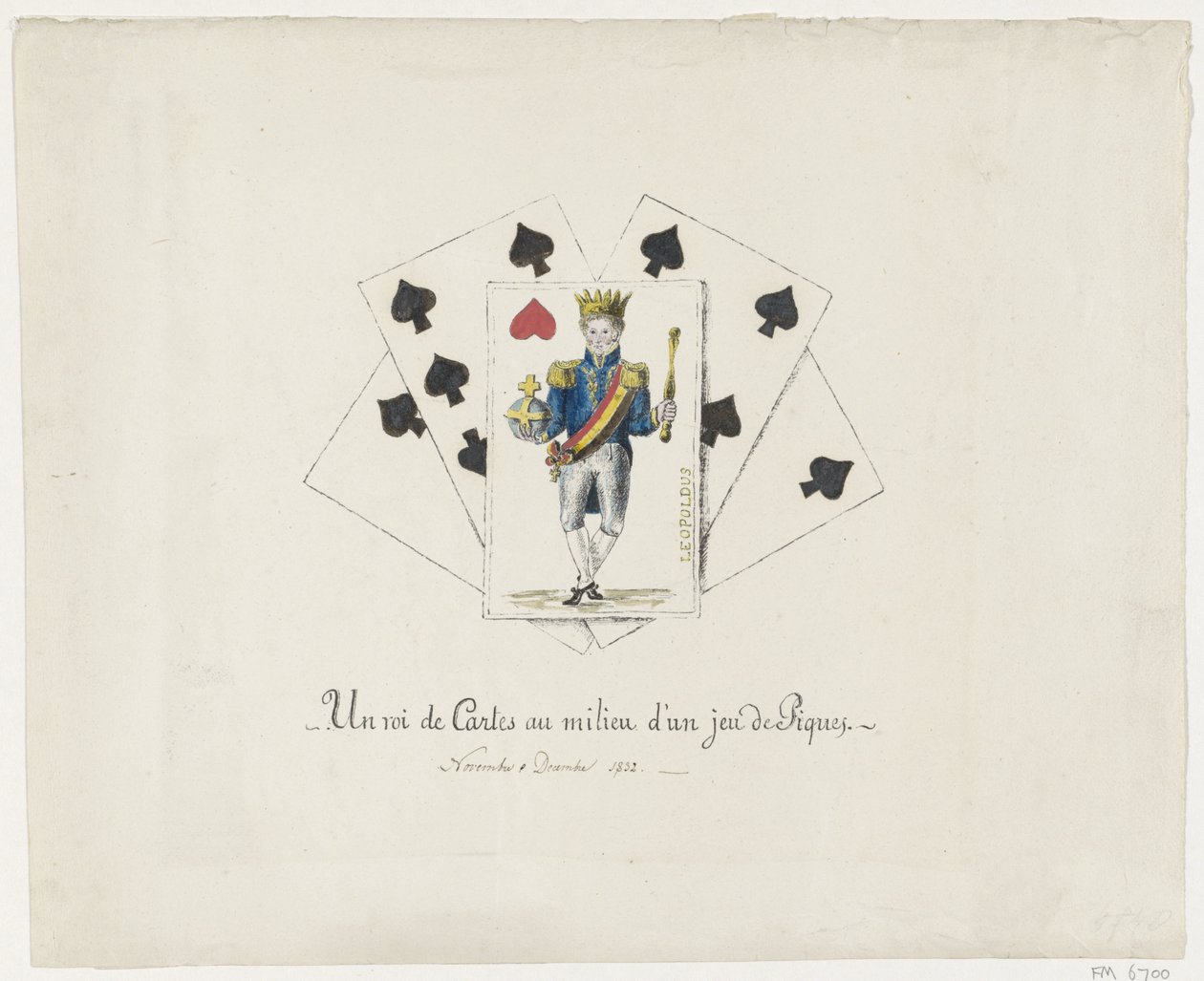 Koning Leopold I als de hartenkoning, 1831-1832 Um Rei de Cartas no meio de um baralho de Espadas (título no objeto) de Anonymous