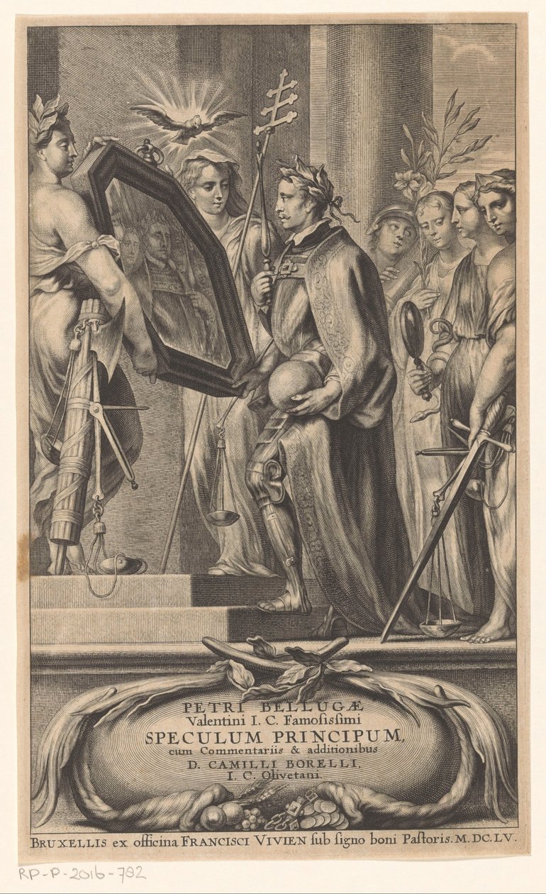 Rei é segurado em um espelho por Justiça e Fé Página de título para: Petrus Belluga e Camillo Borello, Speculum principum, 1655 de Anonymous
