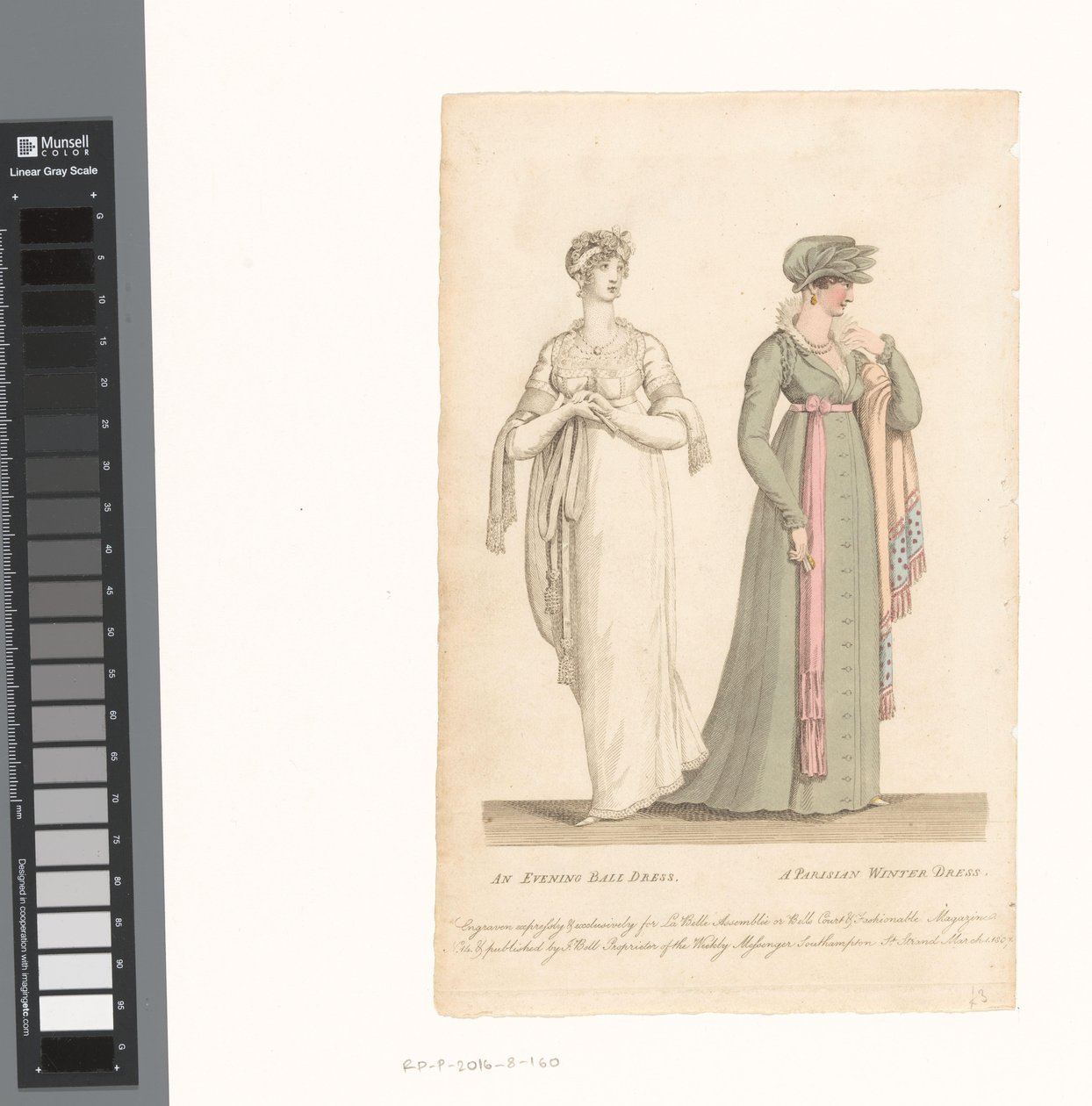 La Belle Assemblée, 1 de Março de 1807, No. 14: Um vestido de noite / Um vestido de inverno parisiense de Anonymous