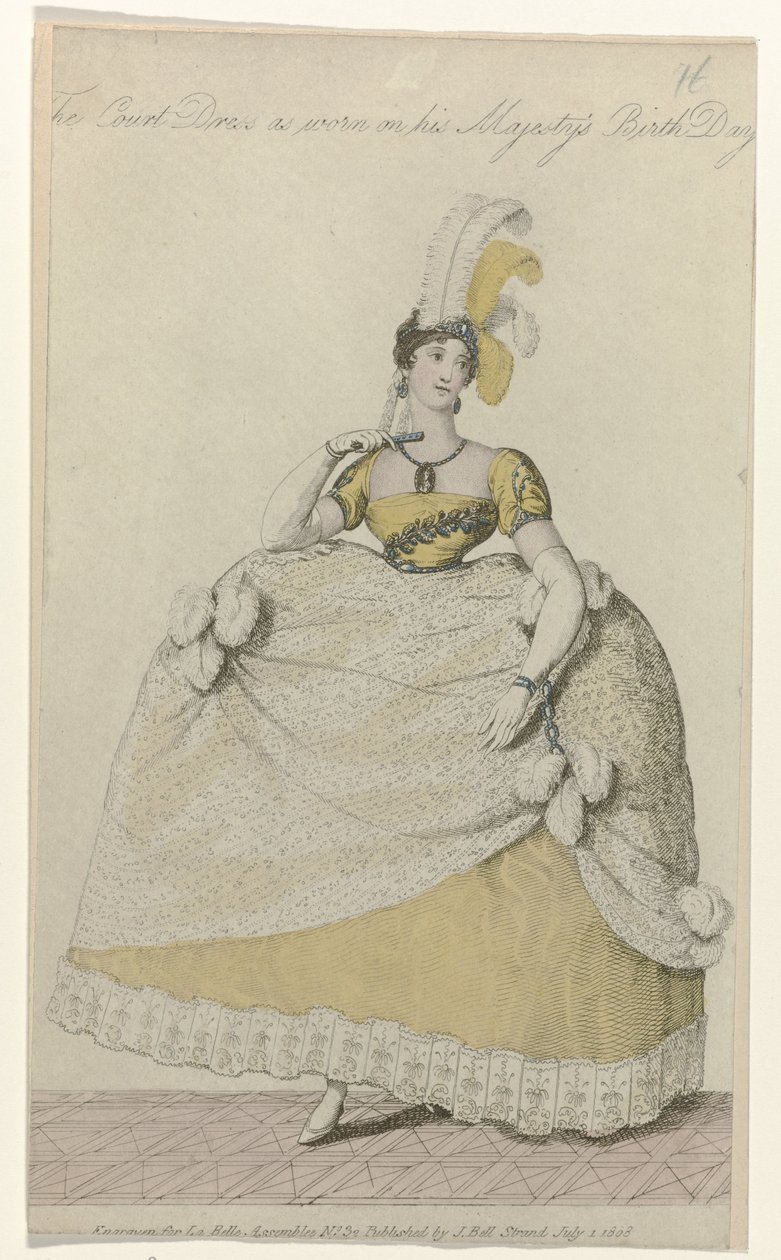 La Belle Assemblee, 1 de julho de 1808, No. 32: O Vestido do Tribunal (...) de Anonymous