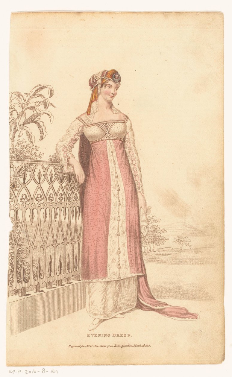 La Belle Assemblee, 1 de Março de 1813, No. 42 (Nova Série): Vestido de noite de Anonymous