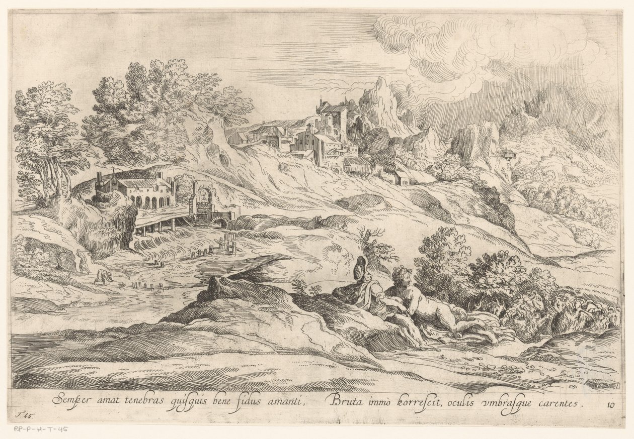 Landschap com minnend paar Aquele que é fiel ao seu amante sempre ama a escuridão, / O bruto ainda estremeceu, seus olhos sem sombras (título no objeto) Landschappen naar Domenico Campagnola (título da série) de Anonymous