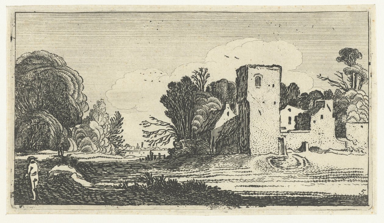 Paisagem com torre quadrada perto de casas Paisagens após Esaias van de Velde (título da série) de Anonymous