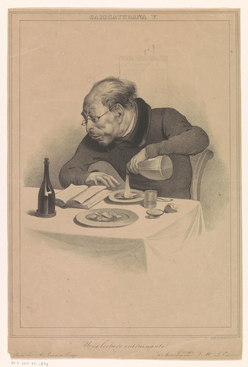 homem lendo Une palestra entraînante (título no objeto) Caricaturas (pelos editores Pontin e Eigeman) (título da série) Caricaturana (título da série no objeto) de Anonymous