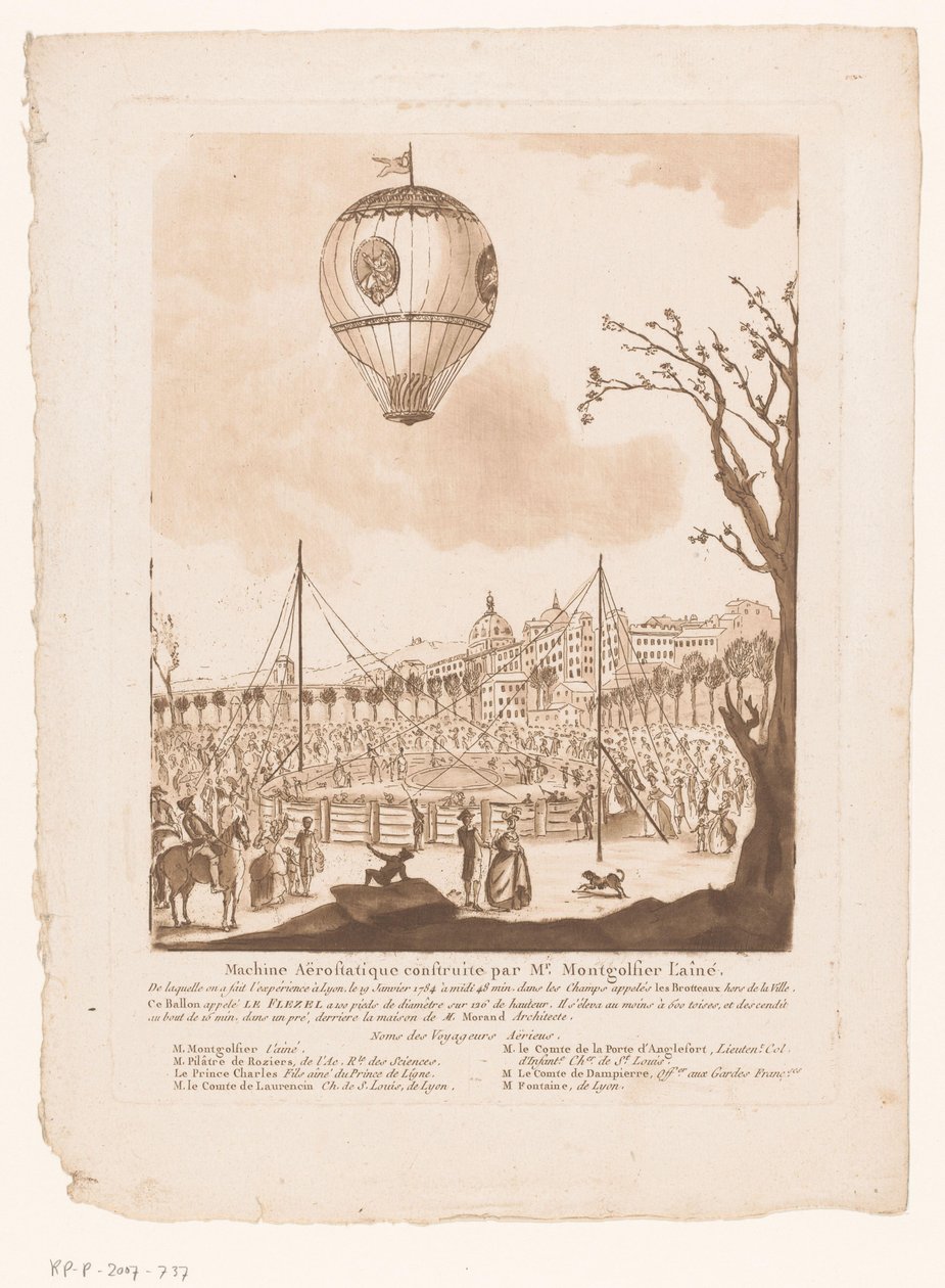 Luchtballon, Le Flezel, van Joseph-Michael Montgolfier the Elder buiten Lyon Máquina aerostática construída pelo Sr. Montgolfier, o Velho (título no objeto) de Anonymous