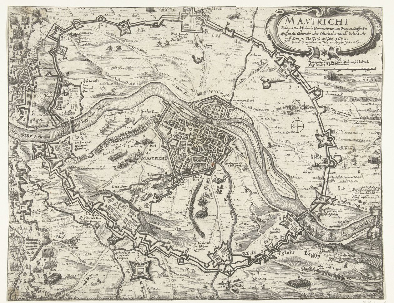 Maastricht ocupada por Frederik Hendrik, 1632 Maestricht sitiada por Friderich Henrich Printzen von Orangien (...) em 9 de junho de 1632. Tirada com Accort em 12 de agosto de 1632 (título no objeto) de Anonymous