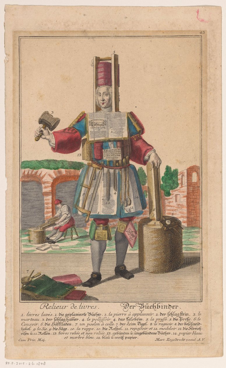 Homem em um terno de ferramentas de encadernação Relieur de livres / Der Buchbinder (título no objeto) de Anonymous