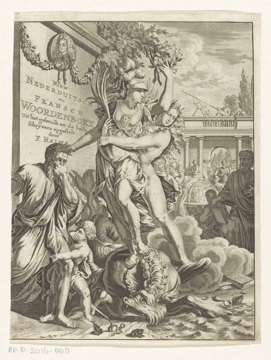 Minerva atropela monstro marinho cuspidor de fogo Novo dicionário de baixo alemão e francês (título no objeto) Página de rosto para: François Halma, Dicionário de Línguas Holandesas e Francesas, 1710 de Anonymous