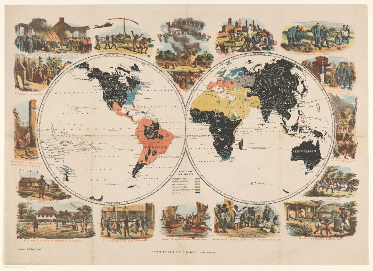 Mapa Mundial da Missão e Cenas Religiosas Cartão de imagem da missão (título no objeto) de Anonymous