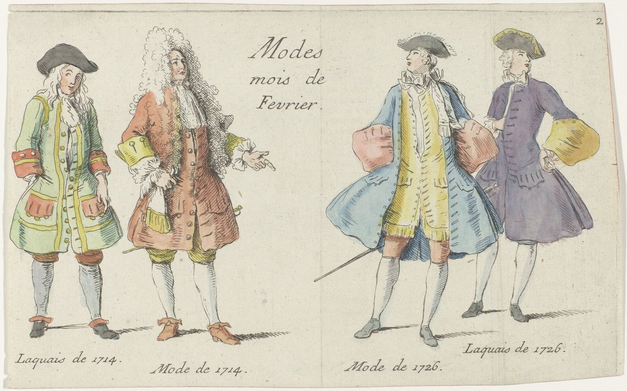 Modes Mois de Fevrier (título sobre o objecto)
Quatro homens vestidos de acordo com a moda de 1714 e 1726
Mercure de France (título da série) de Anonymous