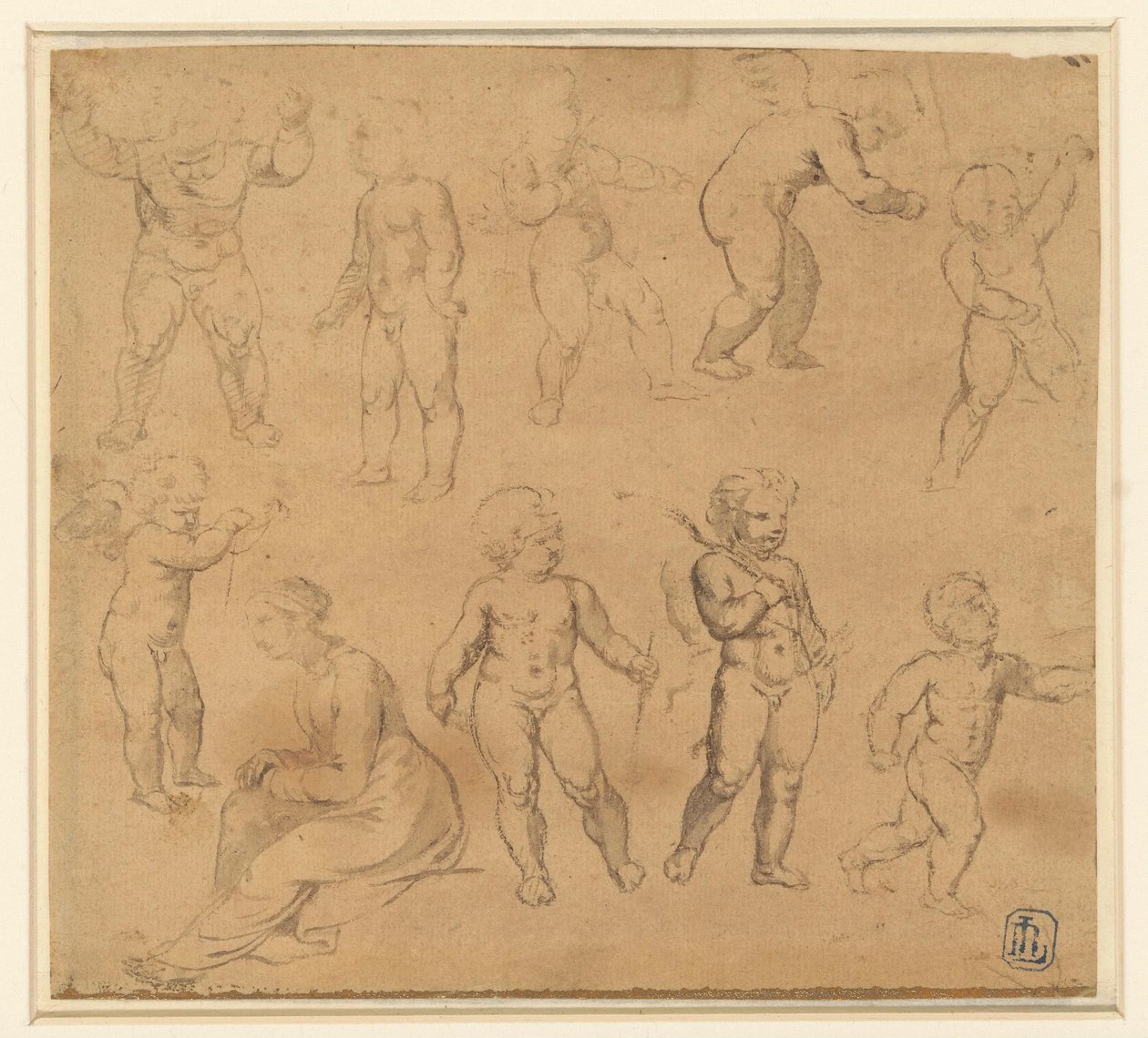 Nove estudos de putti e uma mulher sentada à esquerda de Anonymous