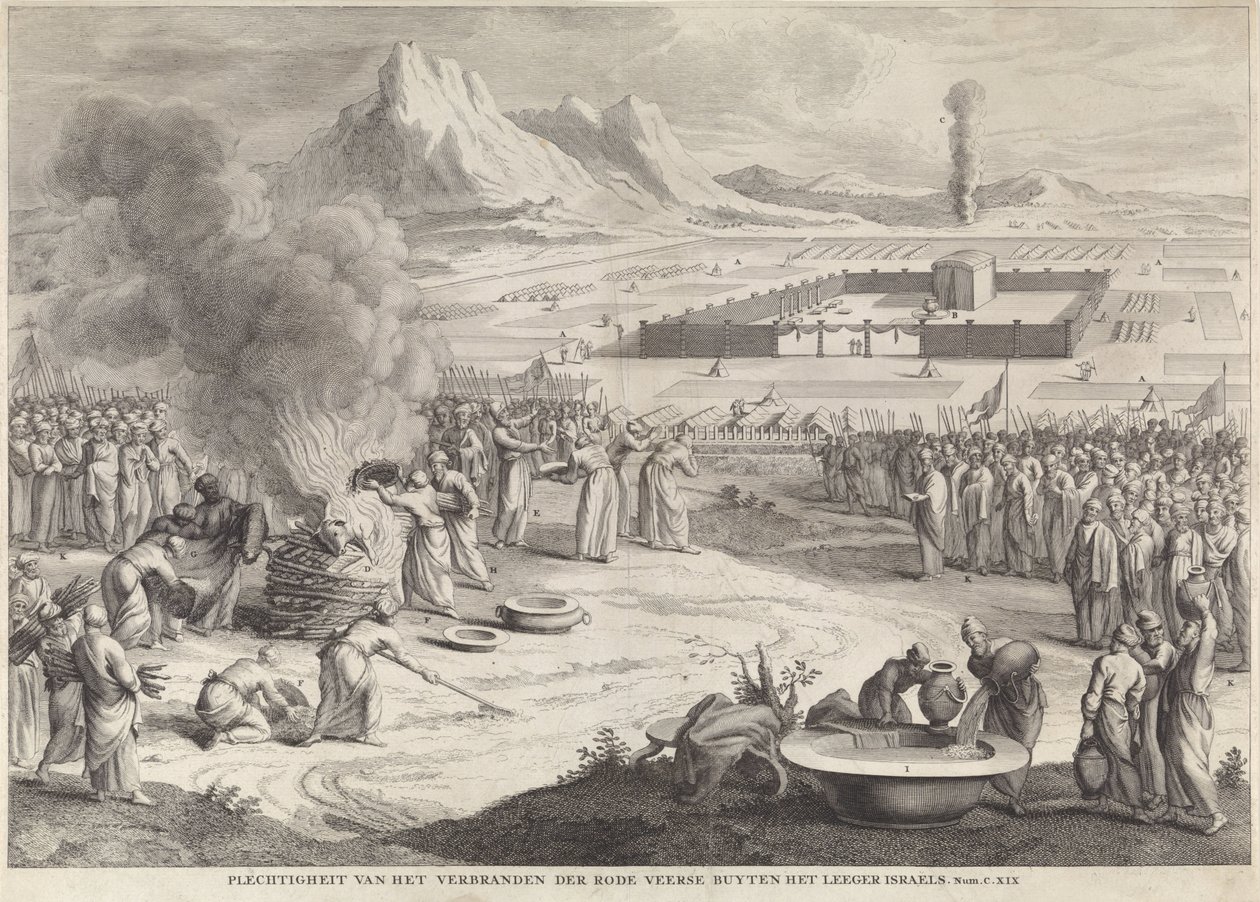 Sacrifício de uma vaca vermelha pelos israelitas Solenidade da Queima das Penas Vermelhas dos Israels Vazios (título no objeto) de Anonymous
