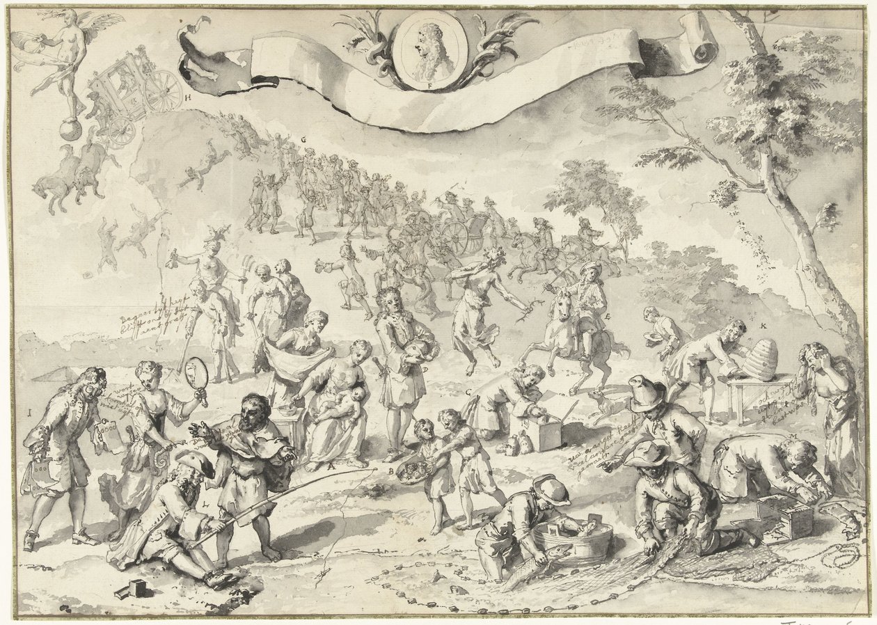 Desenho de desenho para a gráfica Greed tenta ultrapassar Fortuna, 1720
A Grande Cena da Loucura (título da série) de Anonymous