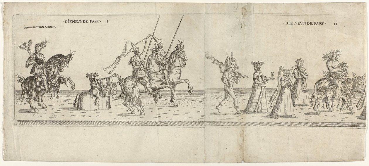 Procissão com personagens fantasiadas, incluindo o cavaleiro Bernhart von Ahren, um burro com cuspo, Janus, Baco num burro e dois músicos
Die neunde Part I e II (título sobre o objecto)
Procissão festiva com Agosto, Eleitor da Saxónia, vestido de camponê de Anonymous