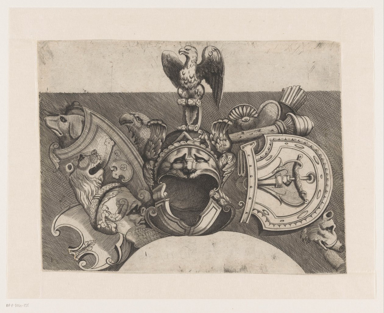 Ornamento com capacete, escudo, águia e leão de Anonymous