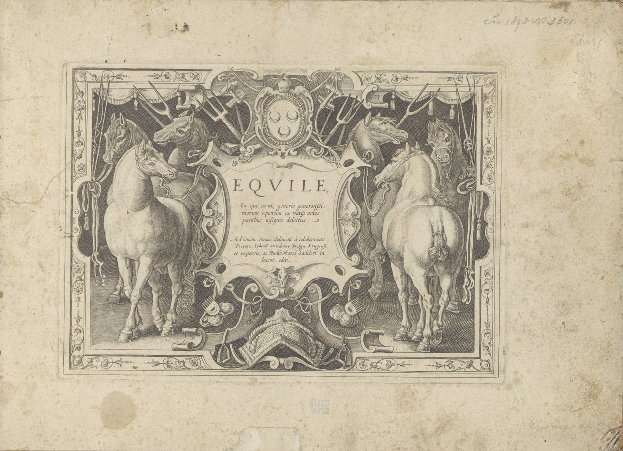 Cartela ornamenteel com título geflankeerd door padarden O cavalo, no qual todos os tipos de nobres: o comportamento de cavalos distintos de várias partes do mundo selecionado (...) (título da série no objeto) de Anonymous
