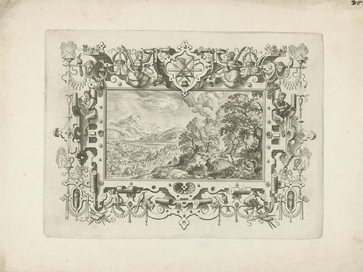 Moldura ornamental com pergaminho e figuras, mostrando a paisagem com Vénus e Adónis de Anonymous