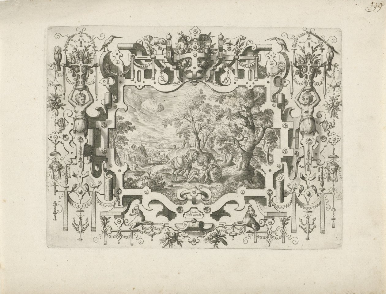 Quadro de ornamento com arabescos e figuras, em que paisagem com o Bom Samaritano de Anonymous
