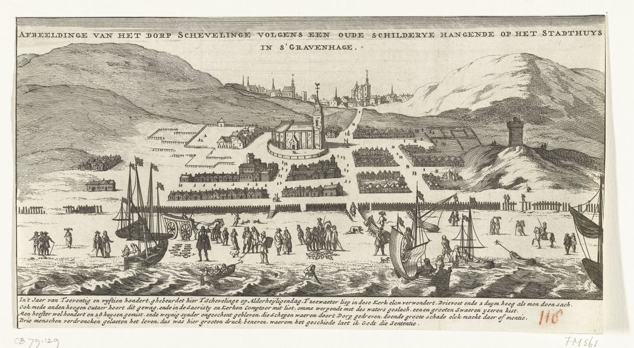 Inundações em Scheveningen no Dia de Todos os Santos, 1 de novembro de 1570 Imagem da aldeia de Schevelinge de acordo com uma pintura antiga pendurada nos Stadthuys em Haia (título no objeto) de Anonymous