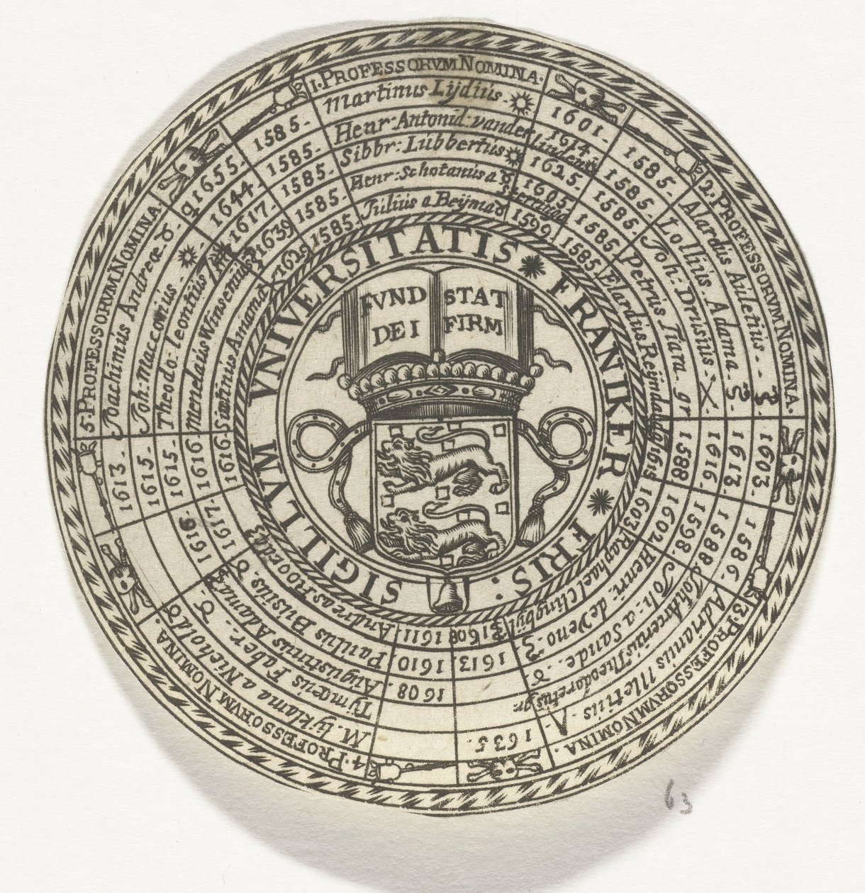 Medalha da Universidade de Franeker, com os nomes dos professores e brasão da universidade de Anonymous
