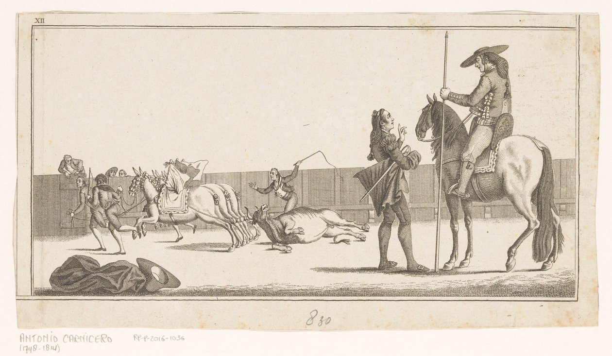 Picador e matador depois de matar o touro
Coleccion de las principales suertes de una corrida de toros (título da série sobre o objecto)
Colecção das manobras mais importantes na tourada (título da série) de Anonymous