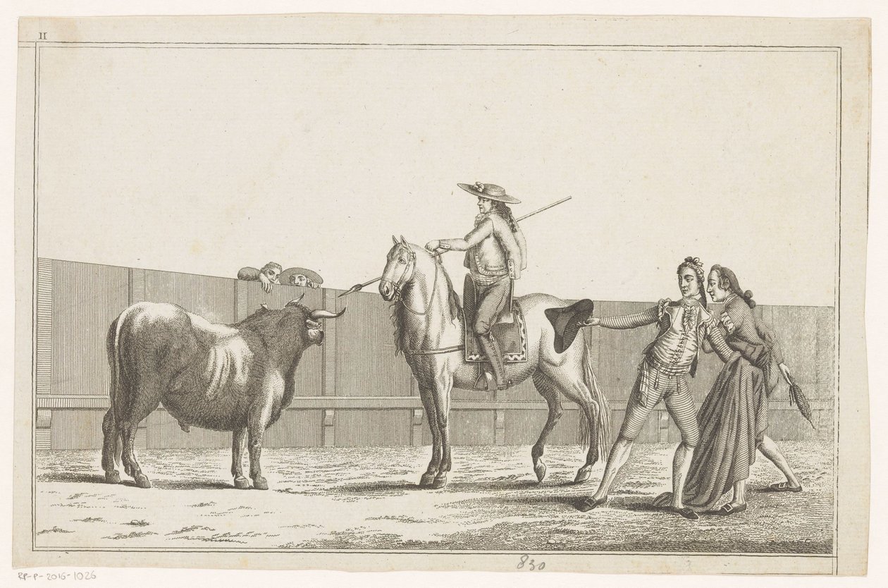 Picador aponta sua lança para um touro Coleccion de las principales suertes de una corrida de toros (título da série no objeto) Colecção das manobras tauromáquicas mais importantes (título da série) de Anonymous