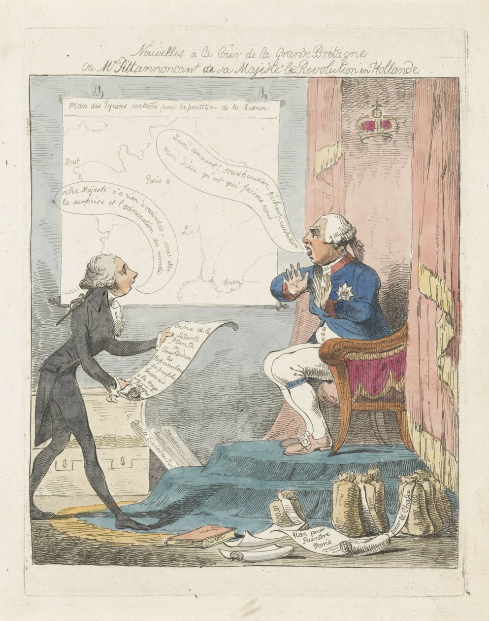Pitt trouxe George III para o novo sobre a revolução na Holanda, 1795 Notícias na Corte da Grã-Bretanha ou Sr. Pitt anunciando a Sua Majestade a Revolução na Holanda (título no objeto) de Anonymous