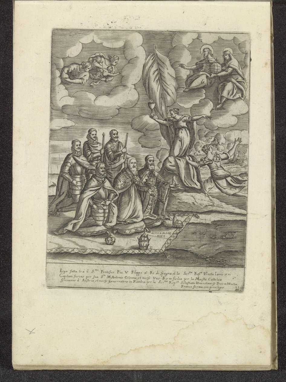 Pio V, Filipe II, Alvise I Mocenigo, Sebastiano Vernier, Marcantonio Colonna e Don Juan da Áustria ajoelhados diante da Fé Cenas da vida veneziana (título da série) Habiti d