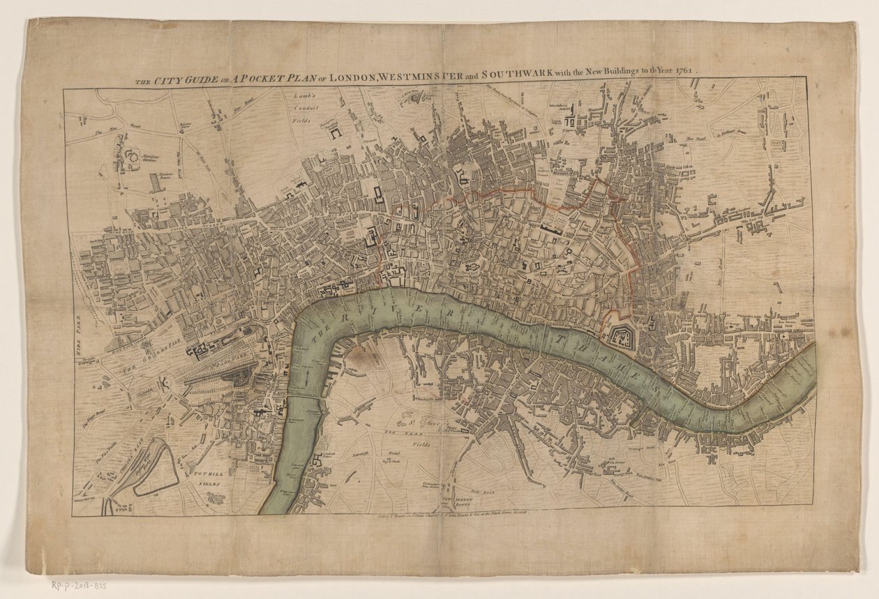 Plattegrond van Londres, 1761 O guia da cidade ou um plano de bolso de Londres, Westminster e Southwark com os novos edifícios para o ano de 1761 (título no objeto) de Anonymous