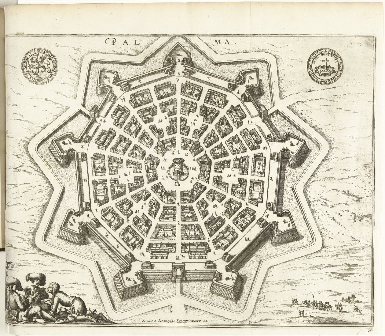 Plattegrond van Palmanova, 1726
Palma (título sobre o objecto)
As Forças da Europa, Ásia, África e América (...) Assim como os Mapas das Costas de França e Espanha (título da série sobre o objecto) de Anonymous