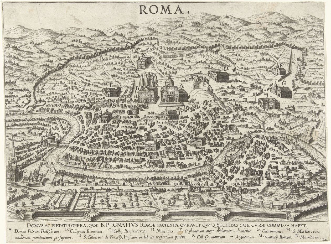 Mapa de Roma mostrando as fundações de Inácio de Loyola Vita beati patris Ignatii Loyolae (título da série) Cenas da Vida de Inácio de Loyola (título da série) de Anonymous
