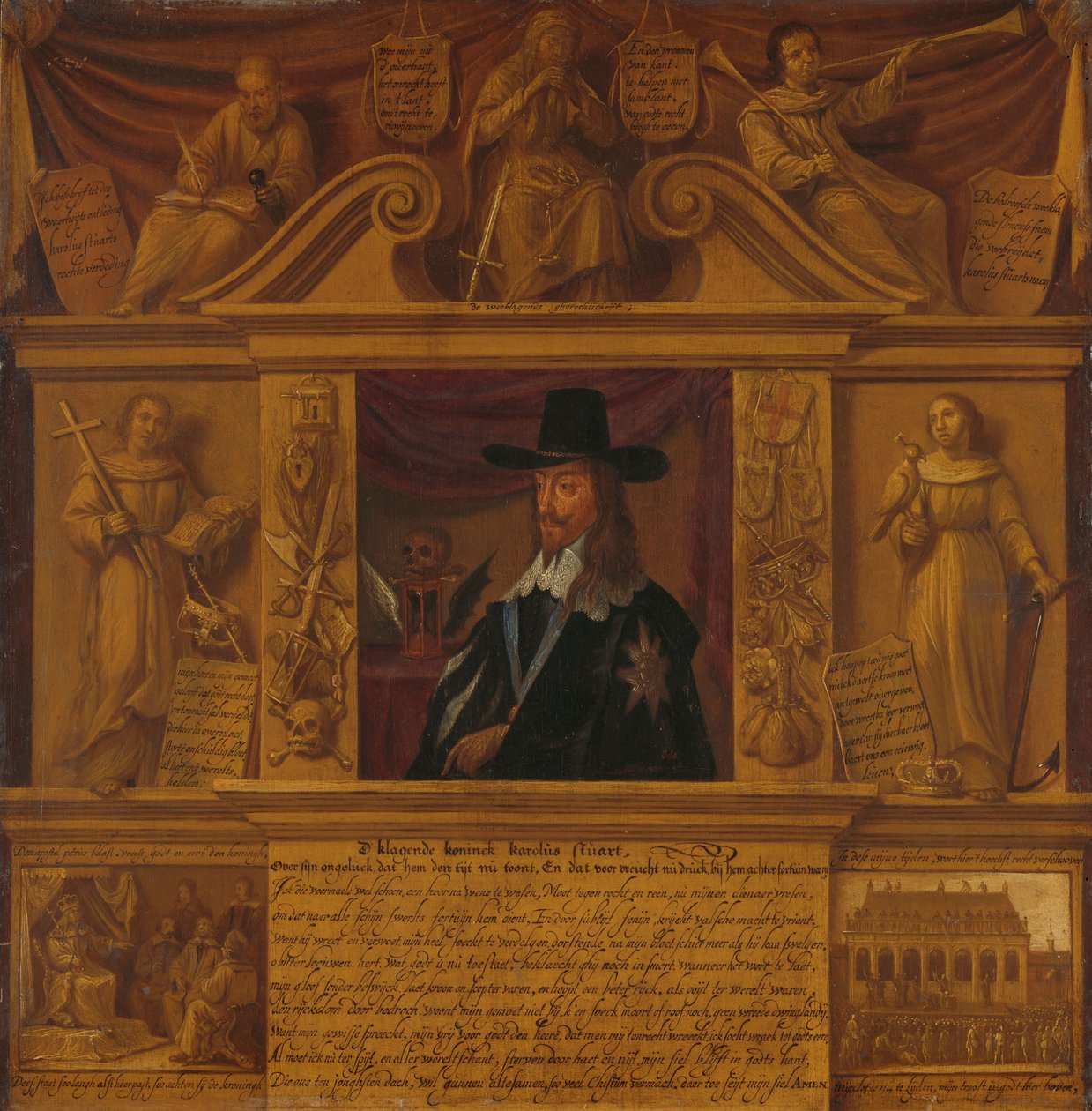 Retrato de Carlos I, Rei de Inglaterra, numa moldura com figuras alegóricas e representações históricas de Anonymous