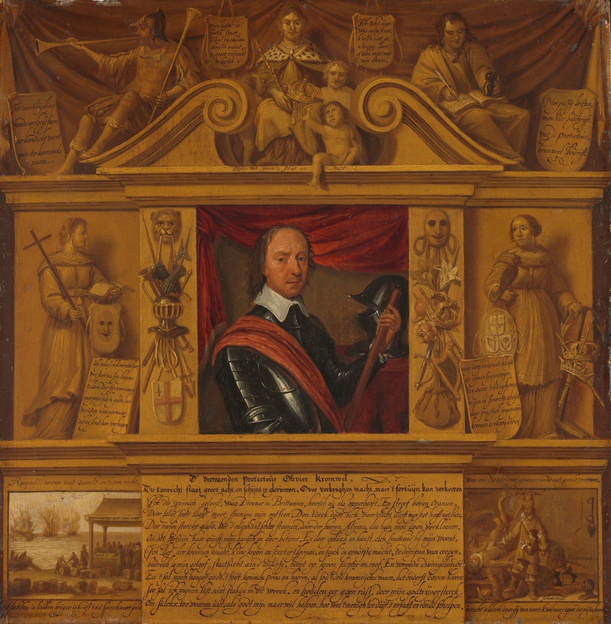 Retrato de Oliver Cromwell, em uma moldura com figuras alegóricas e representações históricas de Anonymous