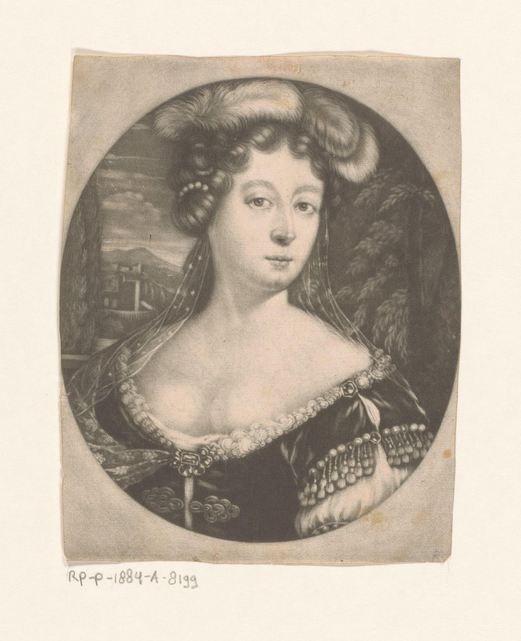 Retrato de uma mulher desconhecida com penas e pérolas no seu cabelo e vestido com pedras preciosas de Anonymous