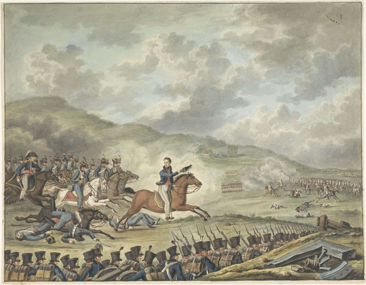 Príncipe de Orange lidera tropas holandesas em Quatre-Bras, 1815 de Anonymous