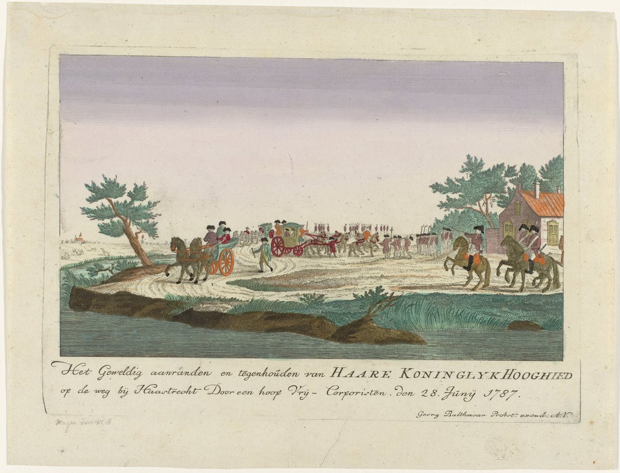Princesa de Orange presa em Goejanverwellesluis, 1787
O grande assalto e paragem de Sua Alteza Real na estrada perto de Haastrecht por um amontoado de Free-Corporists. den 28. Junij 1787 (título sobre o objecto)
Estampas alemãs coloridas sobre d de Anonymous